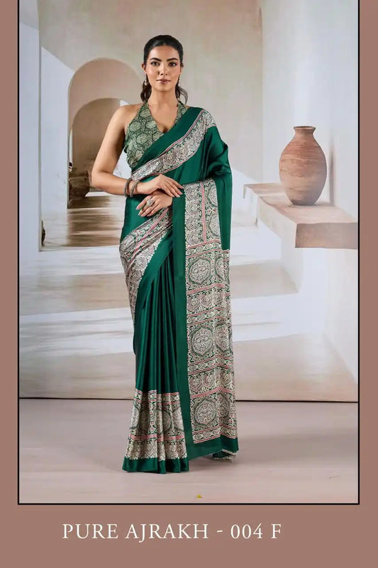 Rajtex Pure Ajrakh  Modal Satin Ajrakh Print Saree Jade