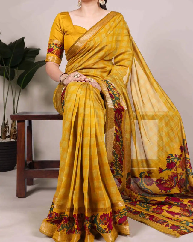 WMN Printed Viscose Chanderi Saree Goldenrod