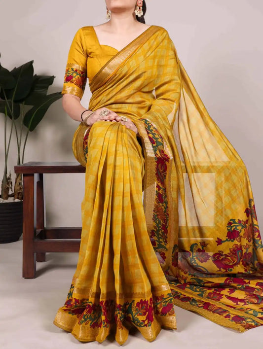 WMN Printed Viscose Chanderi Saree Goldenrod