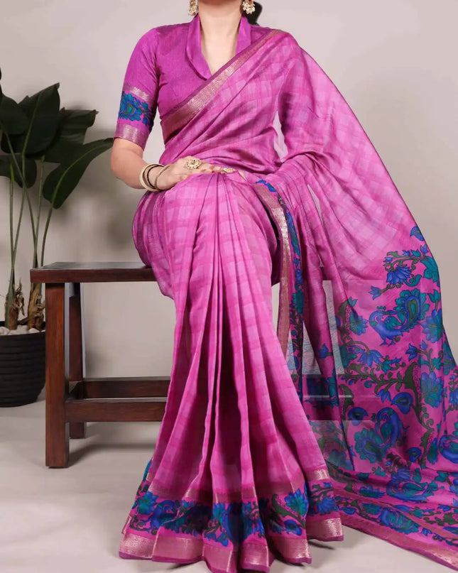 WMN  Printed Viscose Chanderi Saree Magenta