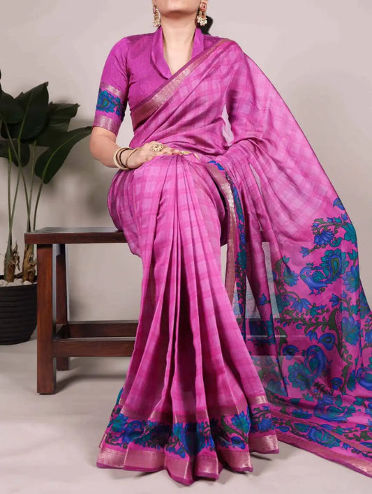 WMN  Printed Viscose Chanderi Saree Magenta