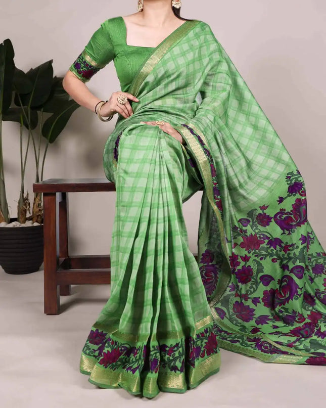 WMN  Printed Viscose Chanderi Saree Green