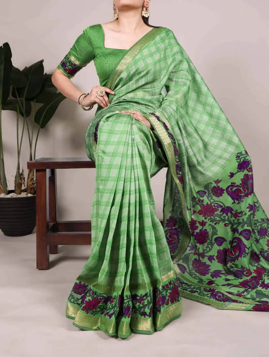 WMN  Printed Viscose Chanderi Saree Green
