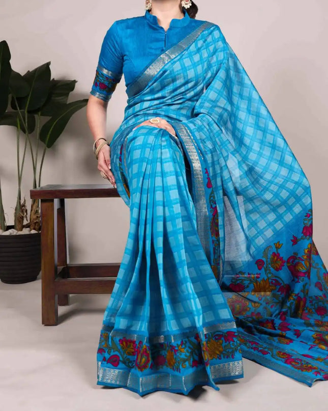WMN Printed Viscose Chanderi Saree Azure
