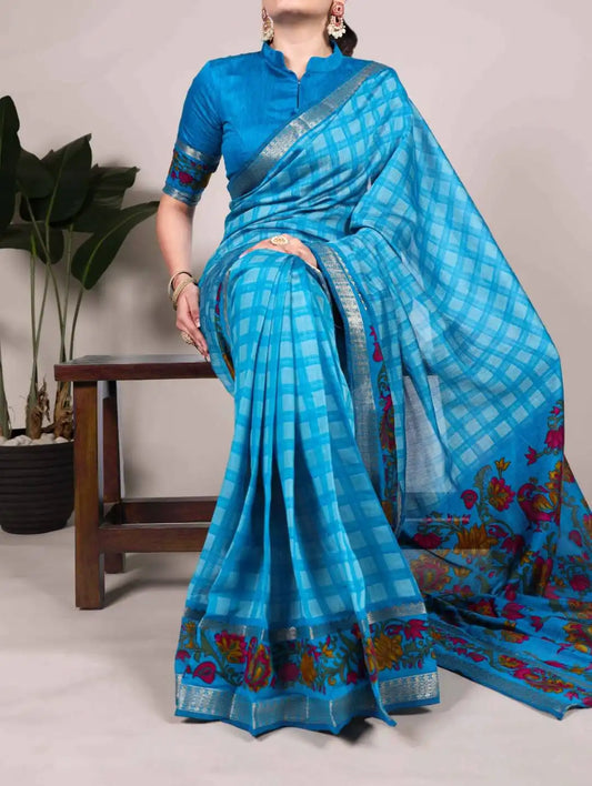 WMN Printed Viscose Chanderi Saree Azure