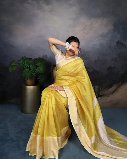 WMN Jacquard Chex Saree Online Lemon