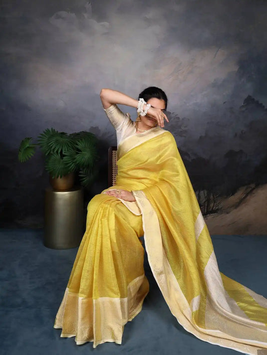 WMN Jacquard Chex Saree Online Lemon