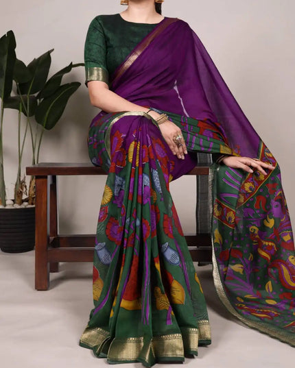 WMN Viscose Chanderi Saree Online Forestgreen
