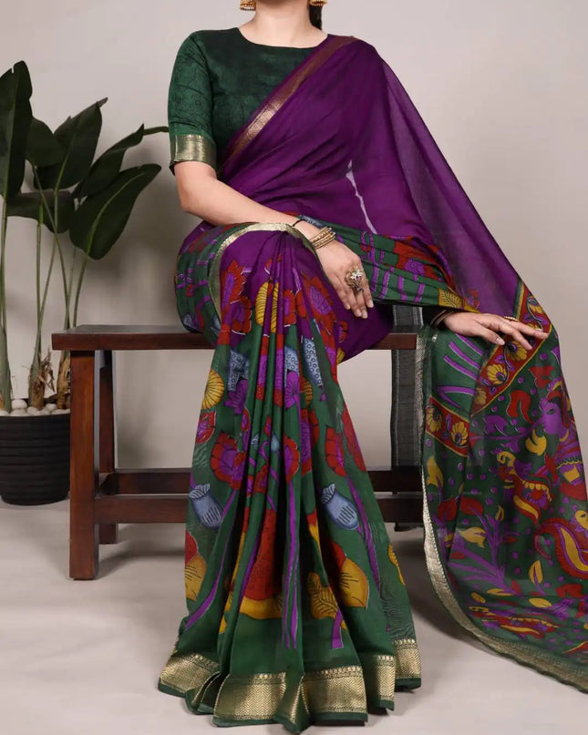 WMN Viscose Chanderi Saree Online Forestgreen