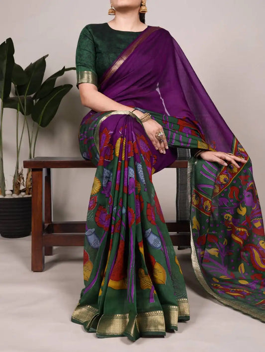 WMN Viscose Chanderi Saree Online Forestgreen