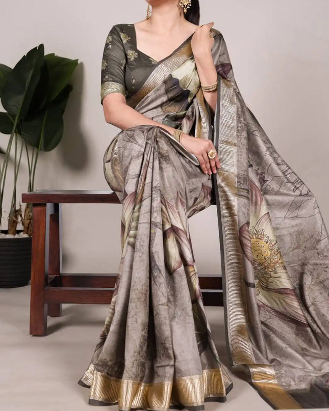 WMN Tussar Silk Designer Wear Saree For Women Grey