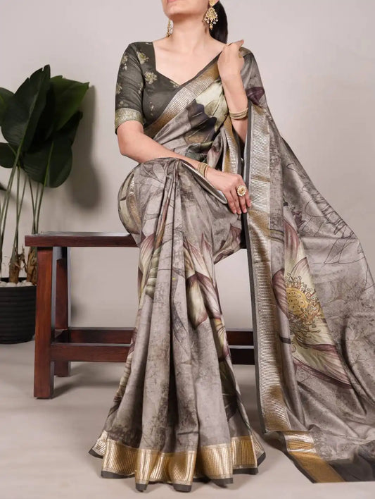 WMN Tussar Silk Designer Wear Saree For Women Grey
