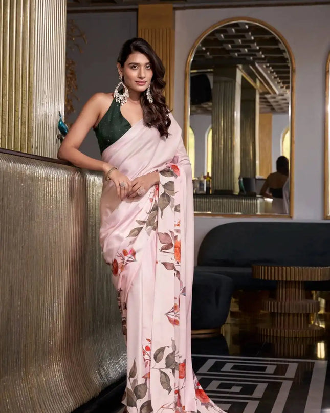 WMN 7026 Satin Silk Printed Saree For Women Seashell