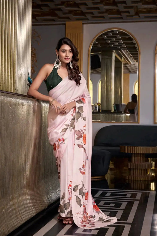 WMN 7026 Satin Silk Printed Saree For Women Seashell