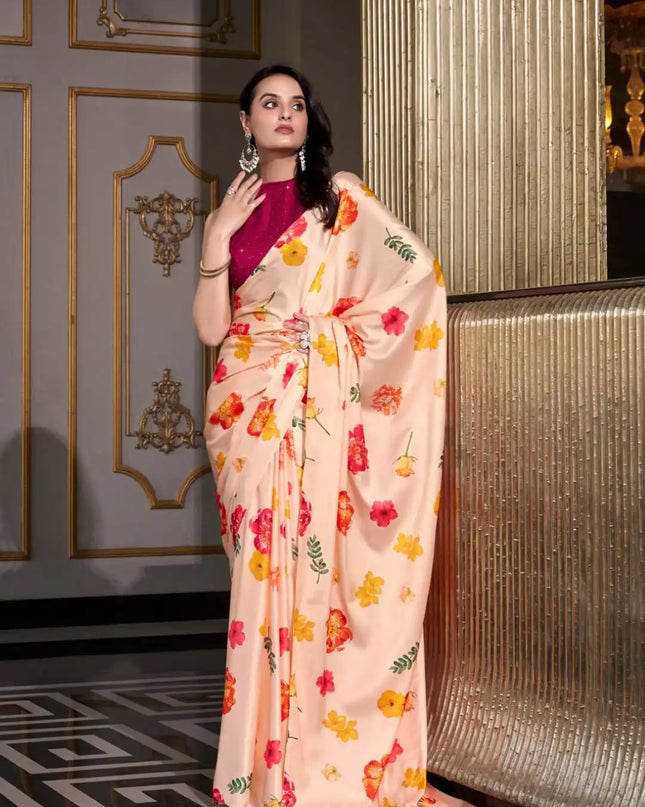 WMN 7026 Satin Silk Printed Saree For Women Palepink