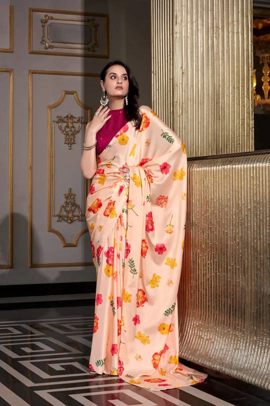 WMN 7026 Satin Silk Printed Saree For Women Palepink