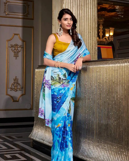 WMN 7026 Satin Silk Printed Saree For Women Skyblue