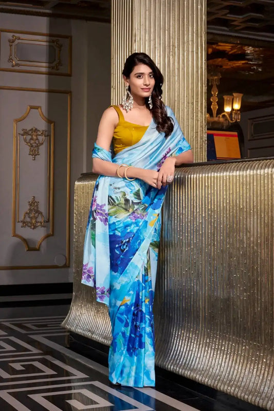 WMN 7026 Satin Silk Printed Saree For Women Skyblue