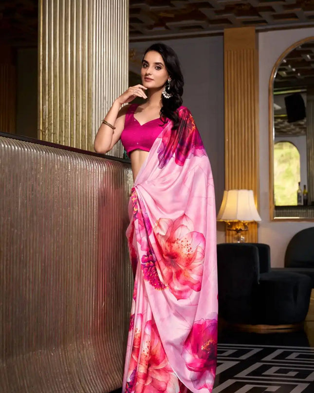 WMN 7026 Satin Silk Printed Saree For Women Ruby