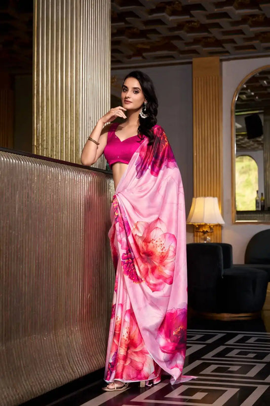 WMN 7026 Satin Silk Printed Saree For Women Ruby