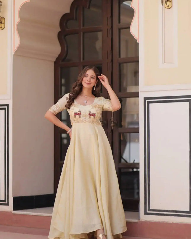 Moni 1176 Cream Color Designer Long Flair Frock Dress For Girl