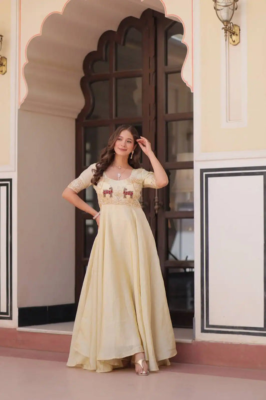 Moni 1176 Cream Color Designer Long Flair Frock Dress For Girl