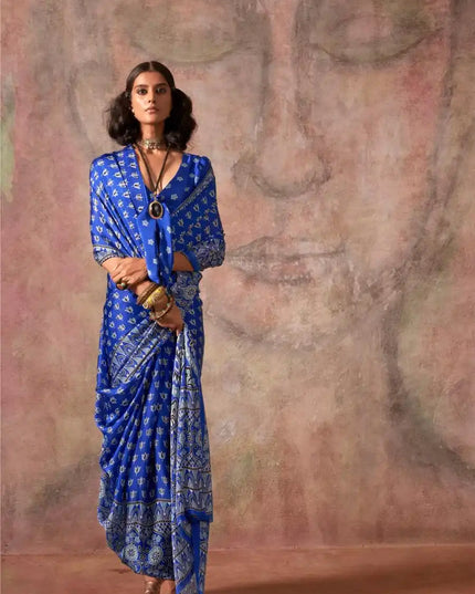 Rajtex Khoj Ajrakh Print Satin Georgette Saree Ultramarine