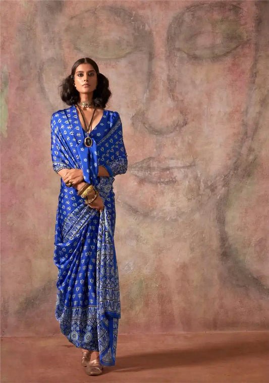 Rajtex Khoj Ajrakh Print Satin Georgette Saree Ultramarine