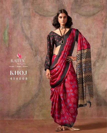 Rajtex Khoj 414008 Ajrakh Print Satin Georgette Saree