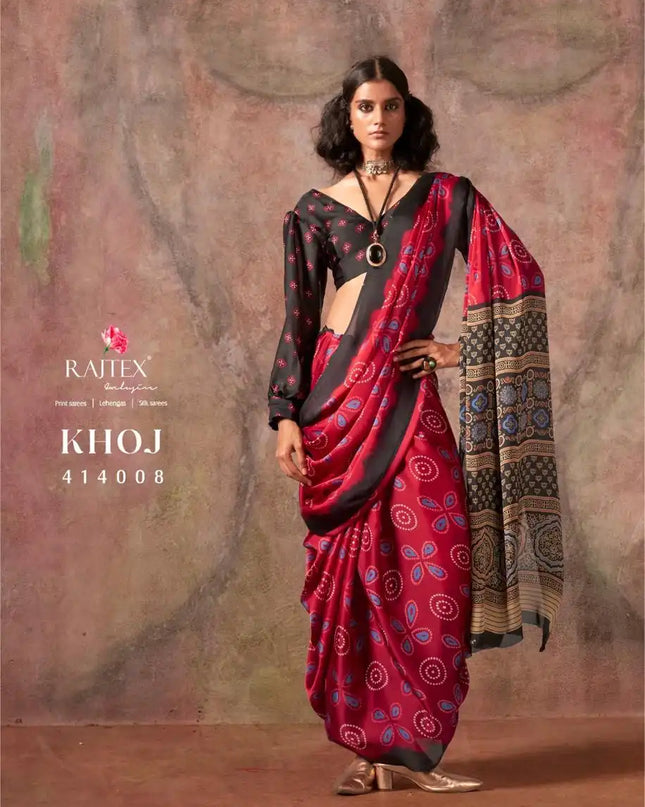 Rajtex Khoj 414008 Ajrakh Print Satin Georgette Saree