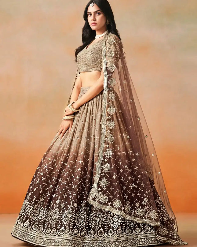 Zeel 7086 Brown Two Ton Georgette Lehenga Choli Sequins Embroidery Work