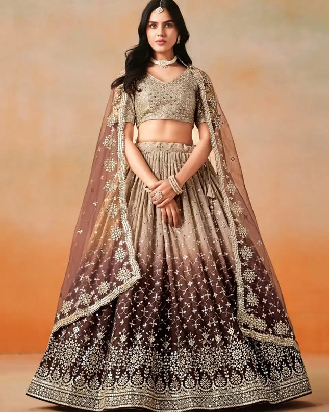 Zeel 7086 Brown Two Ton Georgette Lehenga Choli Sequins Embroidery Work