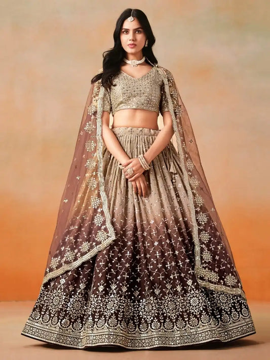 Zeel 7086 Brown Two Ton Georgette Lehenga Choli Sequins Embroidery Work