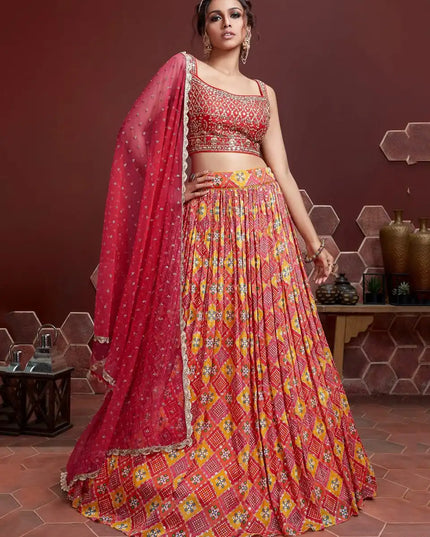 Zeel 110 Red Chinon Silk Lehenga Choli Sequins Embroidery With Position Digital Print
