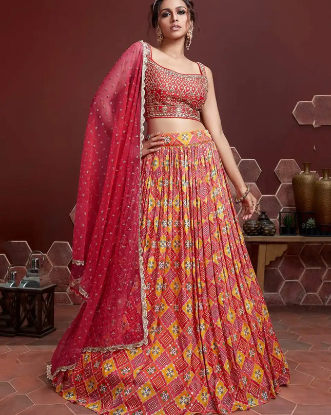 Zeel 110 Red Chinon Silk Lehenga Choli Sequins Embroidery With Position Digital Print