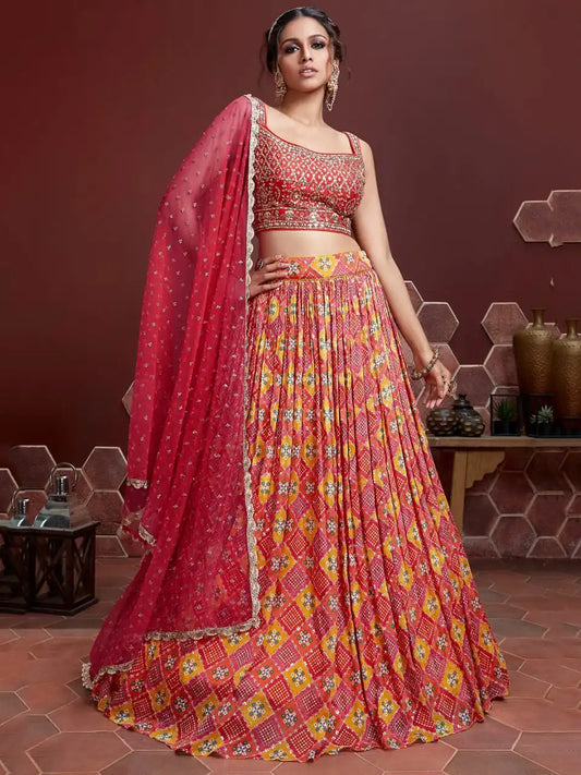 Zeel 110 Red Chinon Silk Lehenga Choli Sequins Embroidery With Position Digital Print