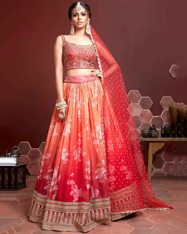 Zeel 103 Orange Organza Digital Floral Print Sequins Embroidery Wedding Collection