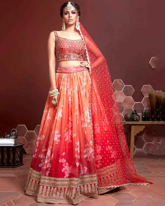 Zeel 103 Orange Organza Digital Floral Print Sequins Embroidery Wedding Collection