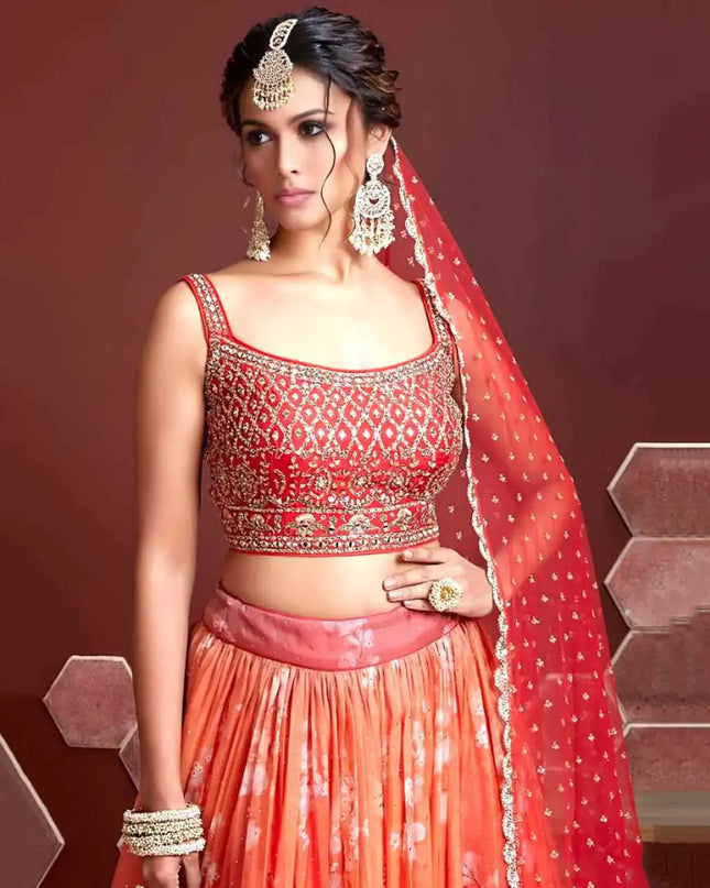 Zeel 103 Orange Organza Digital Floral Print Sequins Embroidery Wedding Collection