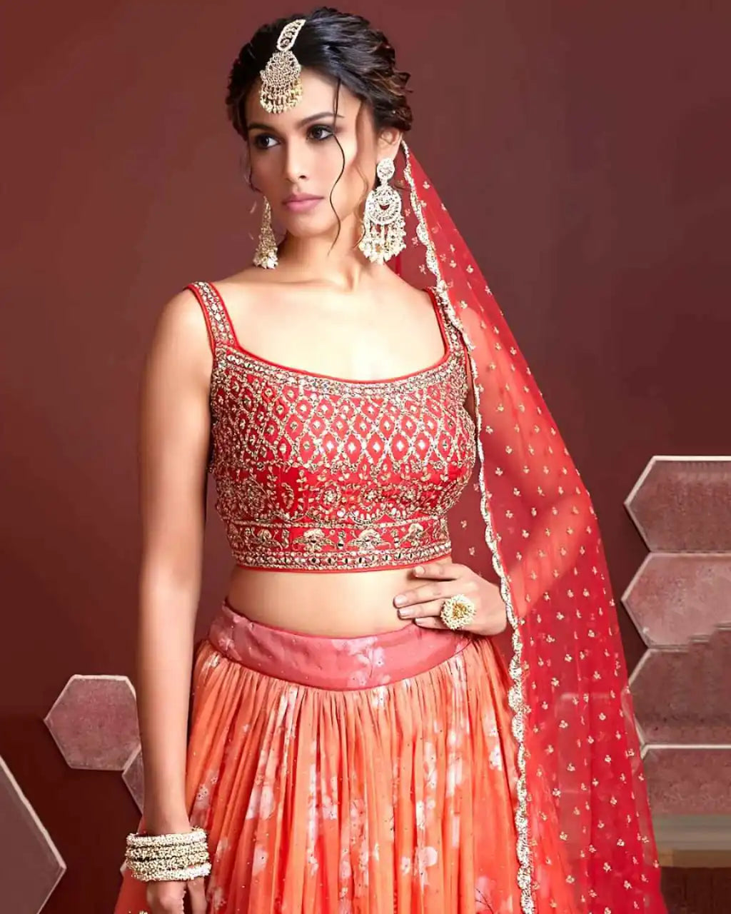 Zeel 103 Orange Organza Digital Floral Print Sequins Embroidery Wedding Collection