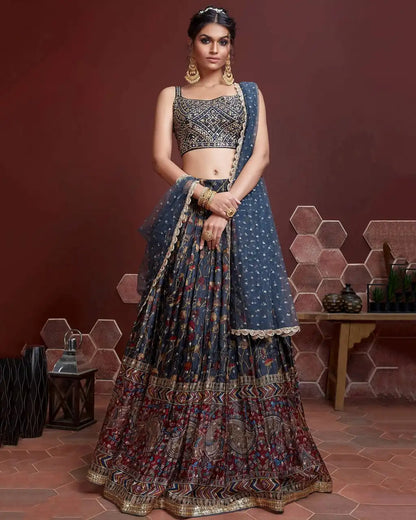 Zeel 102 Blue Chinon Kalamkari Digital Print Lehenga Choli Heavy Work