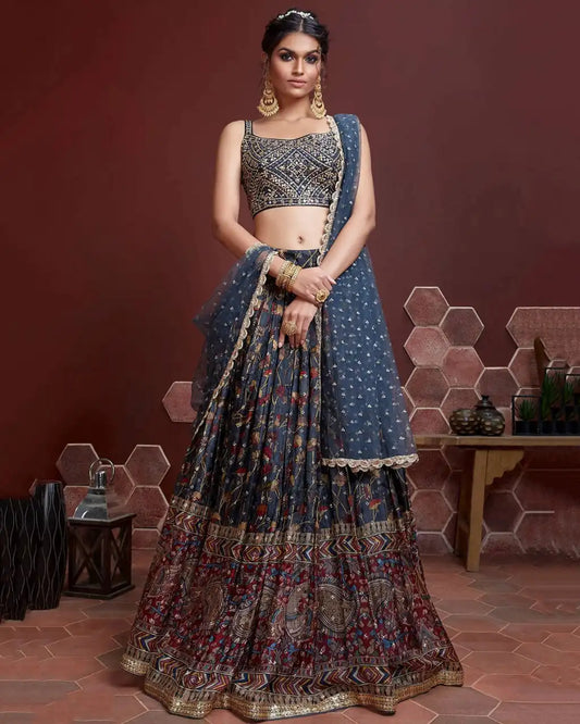 Zeel 102 Blue Chinon Kalamkari Digital Print Lehenga Choli Heavy Work