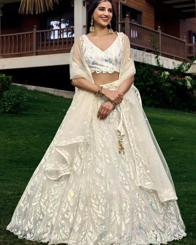 Zeel 5101 White Party Wear Soft Net lehenga Choli Multiple Sequins Embroidery