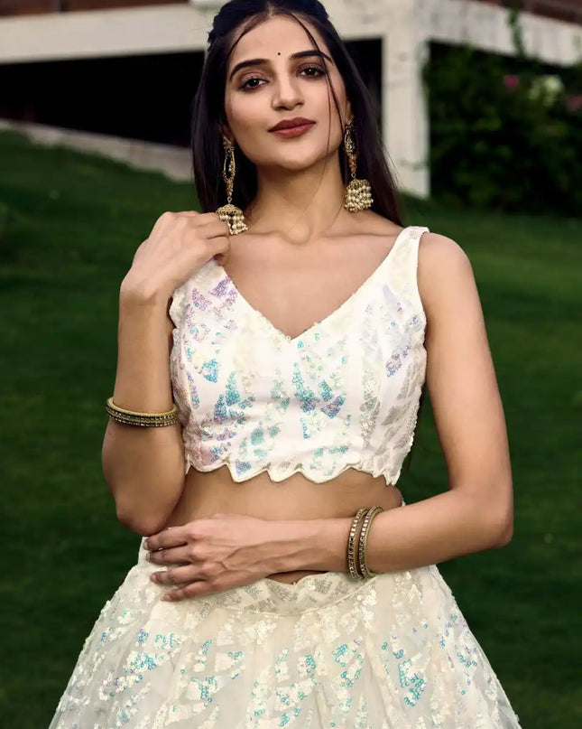 Zeel 5101 White Party Wear Soft Net lehenga Choli Multiple Sequins Embroidery