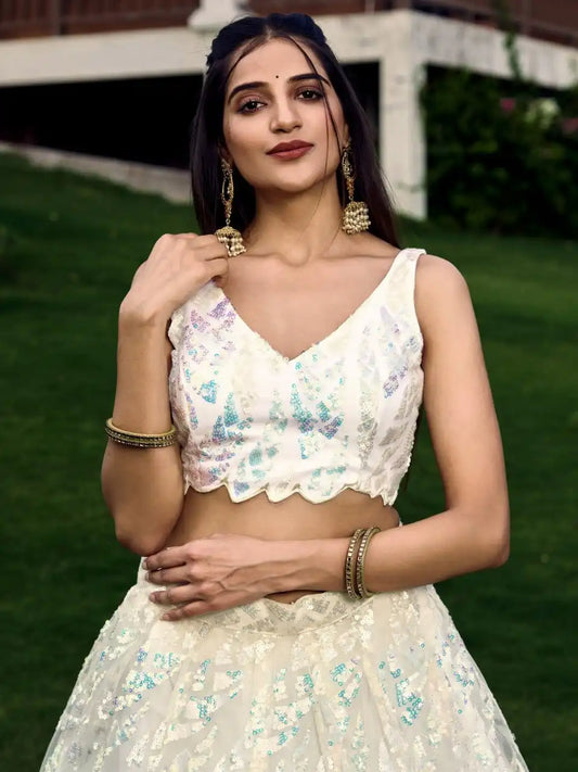 Zeel 5101 White Party Wear Soft Net lehenga Choli Multiple Sequins Embroidery