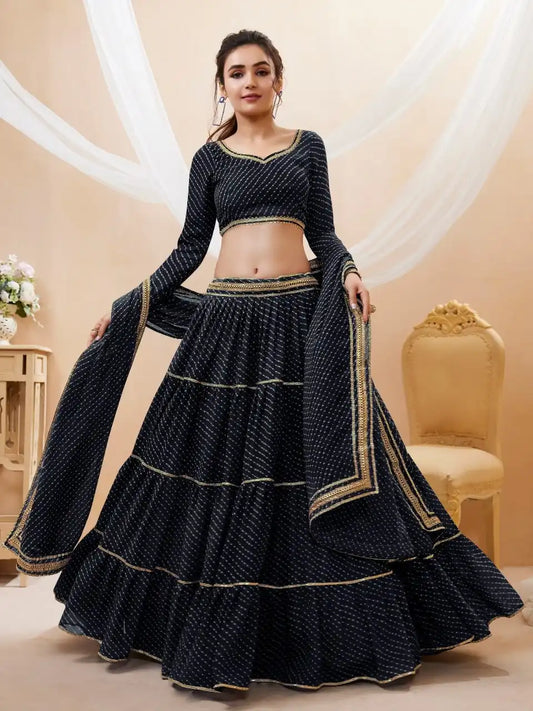 Zeel Lavish Vol 01 Black Color Gergette Lehenga Choli Leheriya Print With Ruffle Design