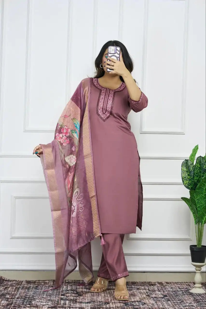 KR 373 Roman Silk Kurti Pant Dupatta Embroidery Malty Work