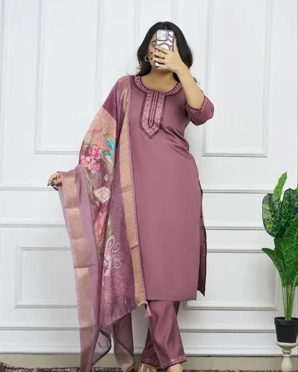 KR 373 Roman Silk Kurti Pant Dupatta Embroidery Malty Work