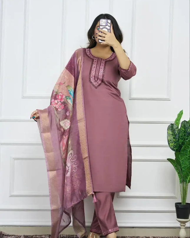 KR 373 Roman Silk Kurti Pant Dupatta Embroidery Malty Work