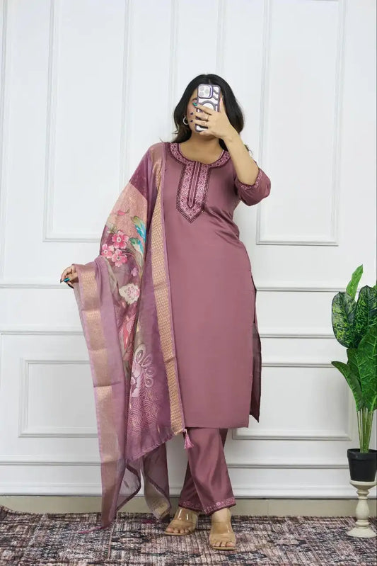 KR 373 Roman Silk Kurti Pant Dupatta Embroidery Malty Work